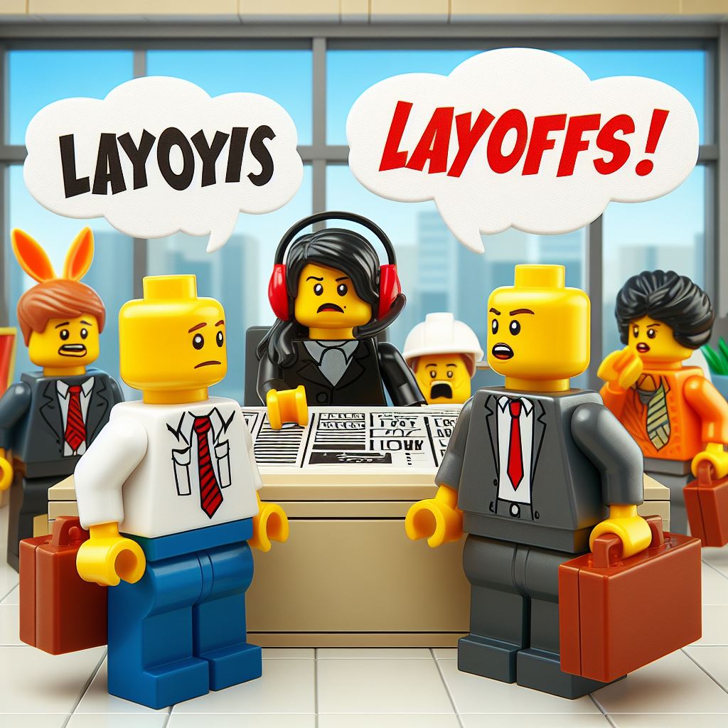 lego office employees gossiping about layoffs, mind voice logo over employes head