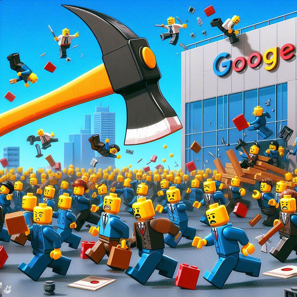 employees layoff axe falls,lego office employess running in fear, huge layoff axe falls, google icon background