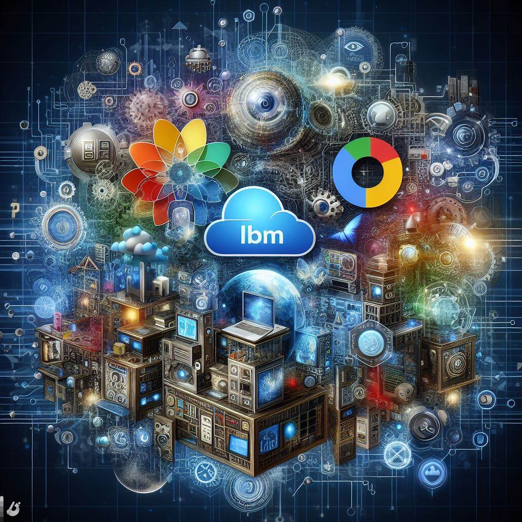 concept design of qunatum computing usage in real world , intricate and detailed,brand logos floating on concept art , IBM,Google,Microsoft logo