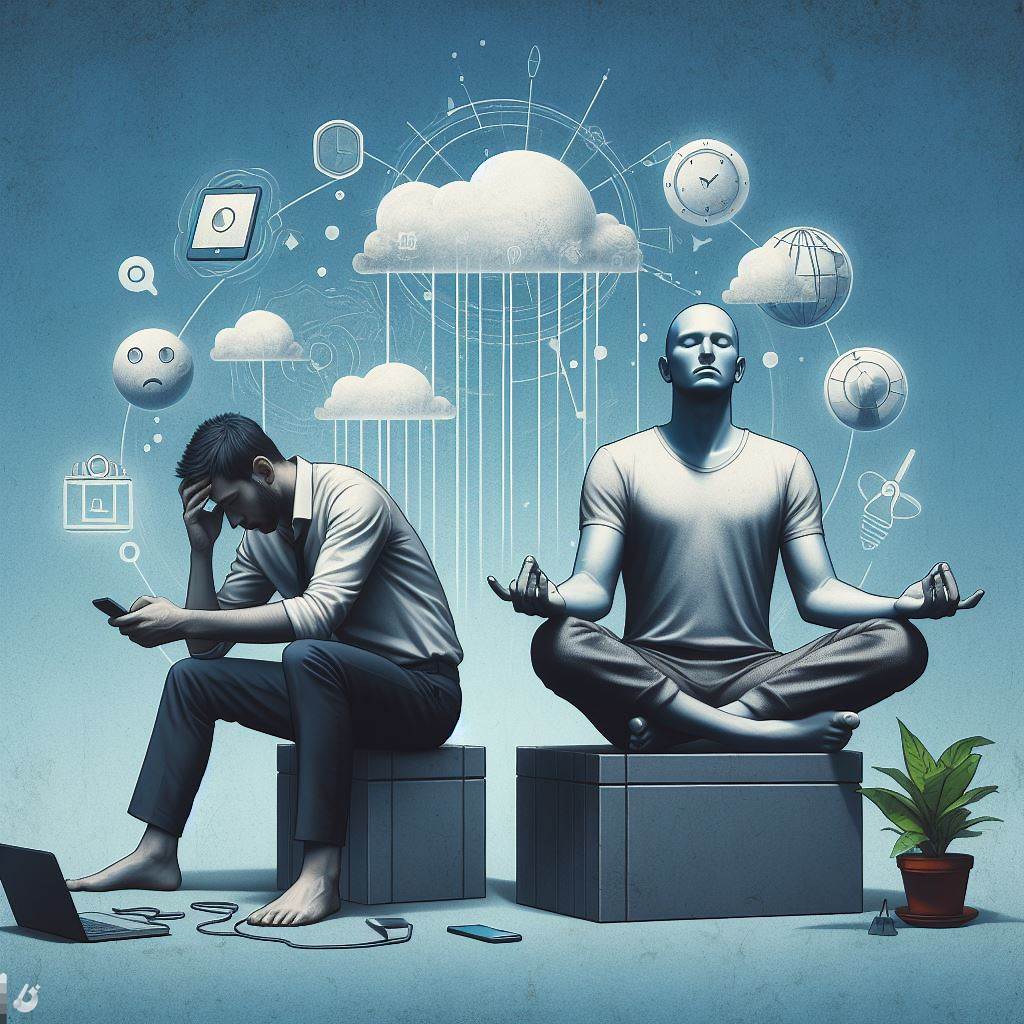 concept art for digital detox , a man on left with depressed with phone , a man on right with meditating