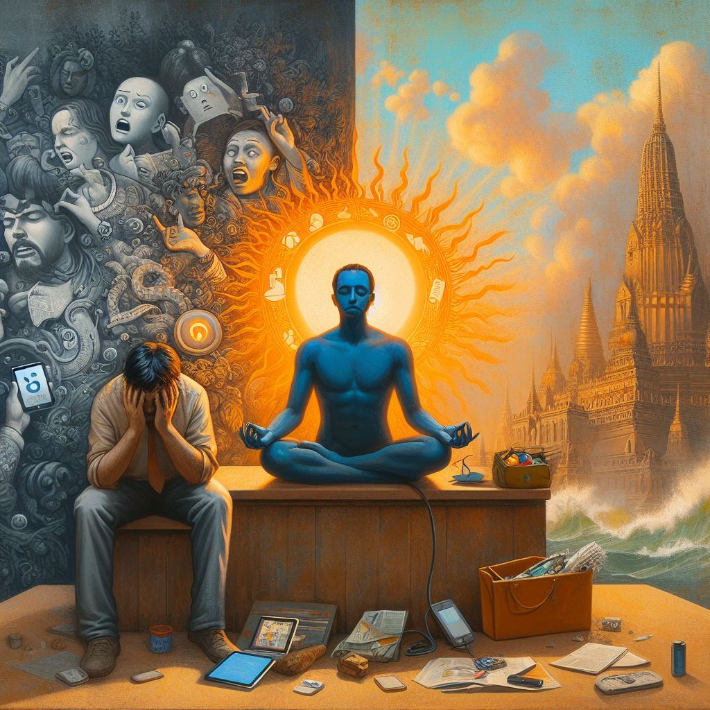 concept art for digital detox , a man on left with depressed with phone , a man on right with meditating,minimalisitc, da vinci painting