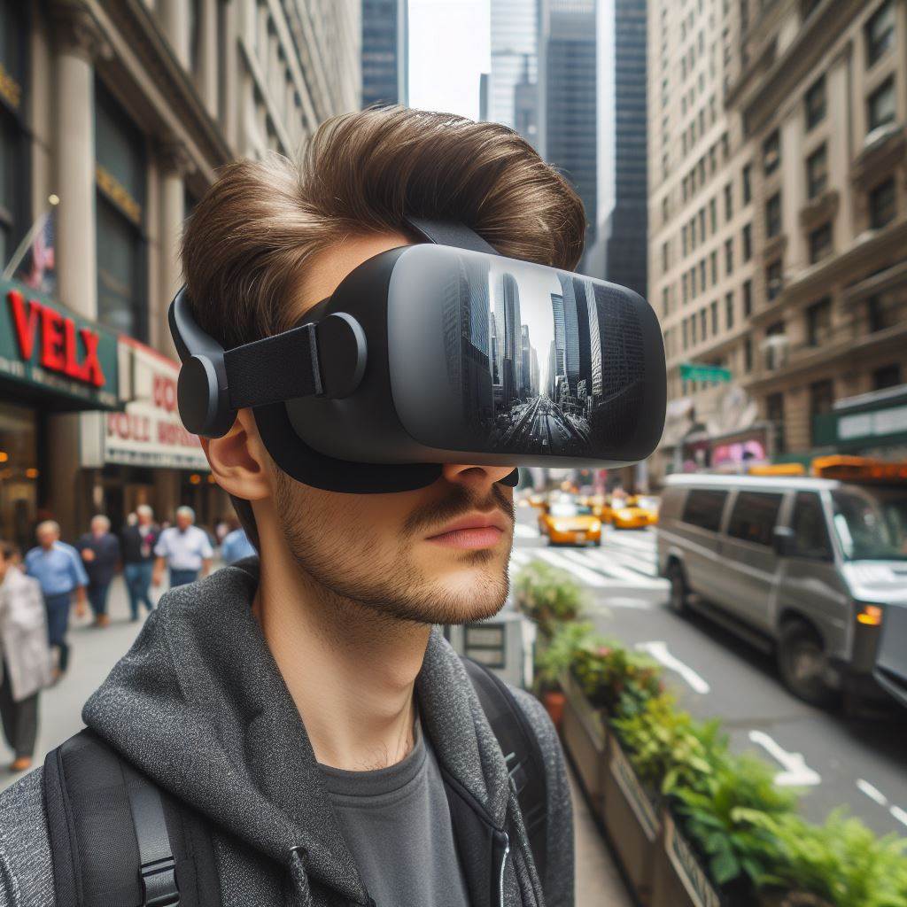 a guy using apple vision pro  headset in middle of new york city