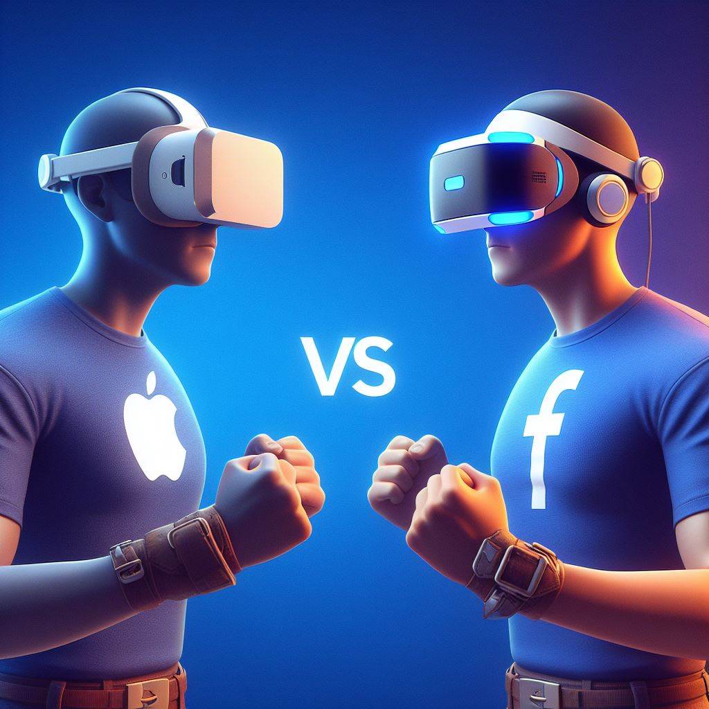 apple vision pro vs meta quest 3 ,battle of mixed reality headsets,apple logo on left , Facebook meta logo on right